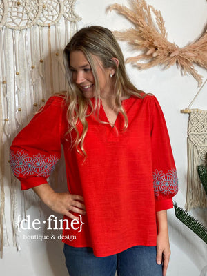 Embroidered Blouse in Red or Black