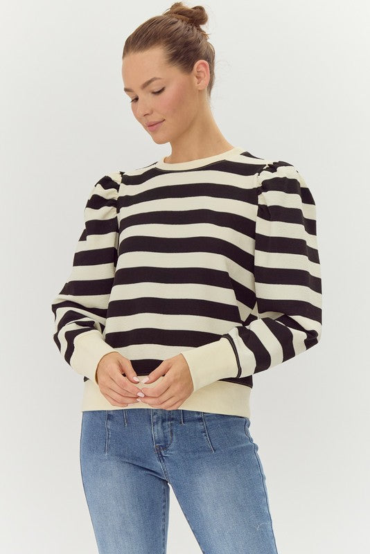 Crimson or Black and Cream Wide Striped Pullover S-XL