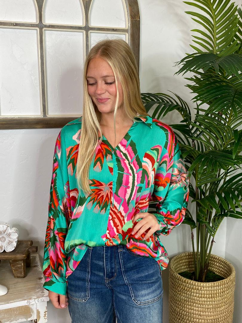 Seafoam Floral V-Neck Blouse S-XL