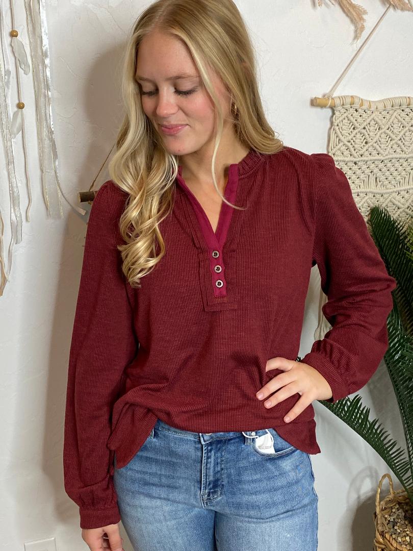 Ribbed Henley with Ruffle Neck in 3 Colors S-XL