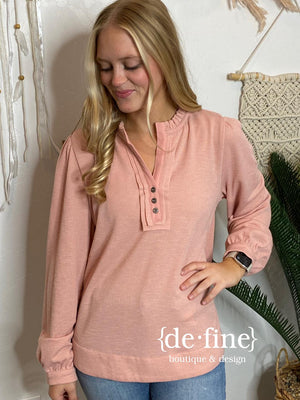 Ribbed Henley with Ruffle Neck in 3 Colors S-XL