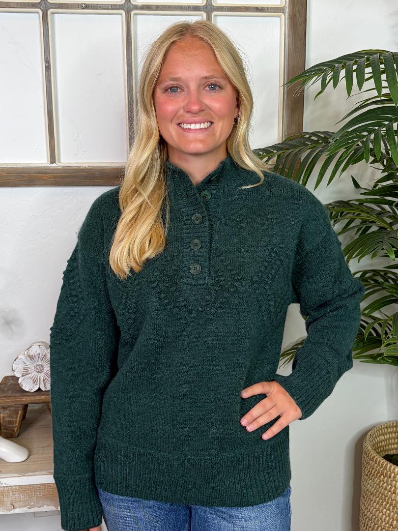 Hunter Green Henley Sweater with Diamond Pattern