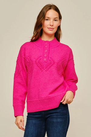 Henley Sweater with Diamond Pattern in Hunter Green, Oatmeal and Hot Pink