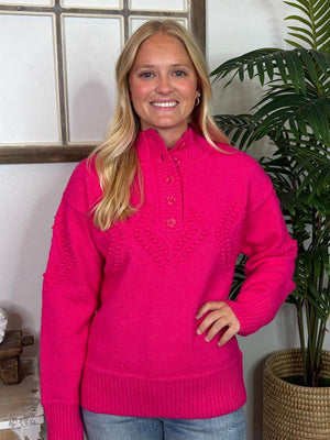 Henley Sweater with Diamond Pattern in Hunter Green, Oatmeal and Hot Pink