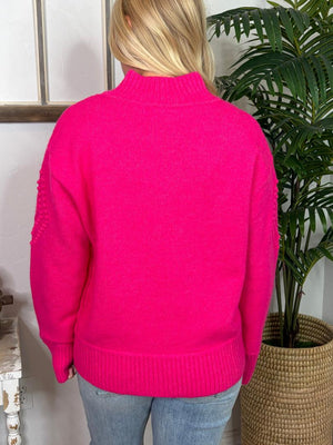 Henley Sweater with Diamond Pattern in Hunter Green, Oatmeal and Hot Pink