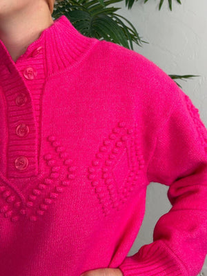 Henley Sweater with Diamond Pattern in Hunter Green, Oatmeal and Hot Pink