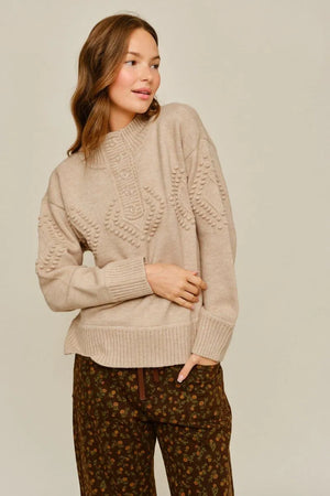 Henley Sweater with Diamond Pattern in Hunter Green, Oatmeal and Hot Pink