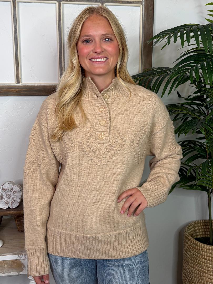 Henley Sweater with Diamond Pattern in Hunter Green, Oatmeal and Hot Pink
