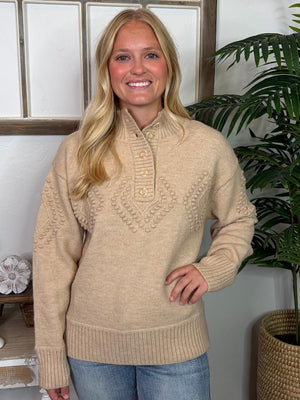 Henley Sweater with Diamond Pattern in Hunter Green, Oatmeal and Hot Pink