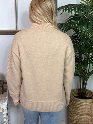 Henley Sweater with Diamond Pattern in Hunter Green, Oatmeal and Hot Pink