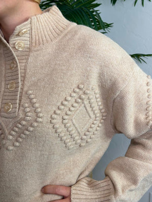 Henley Sweater with Diamond Pattern in Hunter Green, Oatmeal and Hot Pink