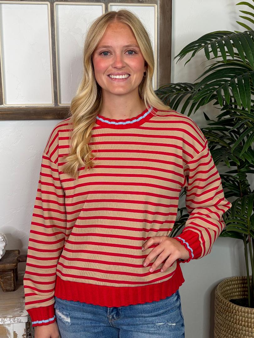 Red and Taupe Striped Top with Light Blue Trim