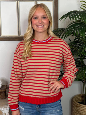Red and Taupe Striped Top with Light Blue Trim