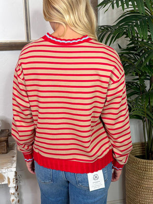 Red and Taupe Striped Top with Light Blue Trim