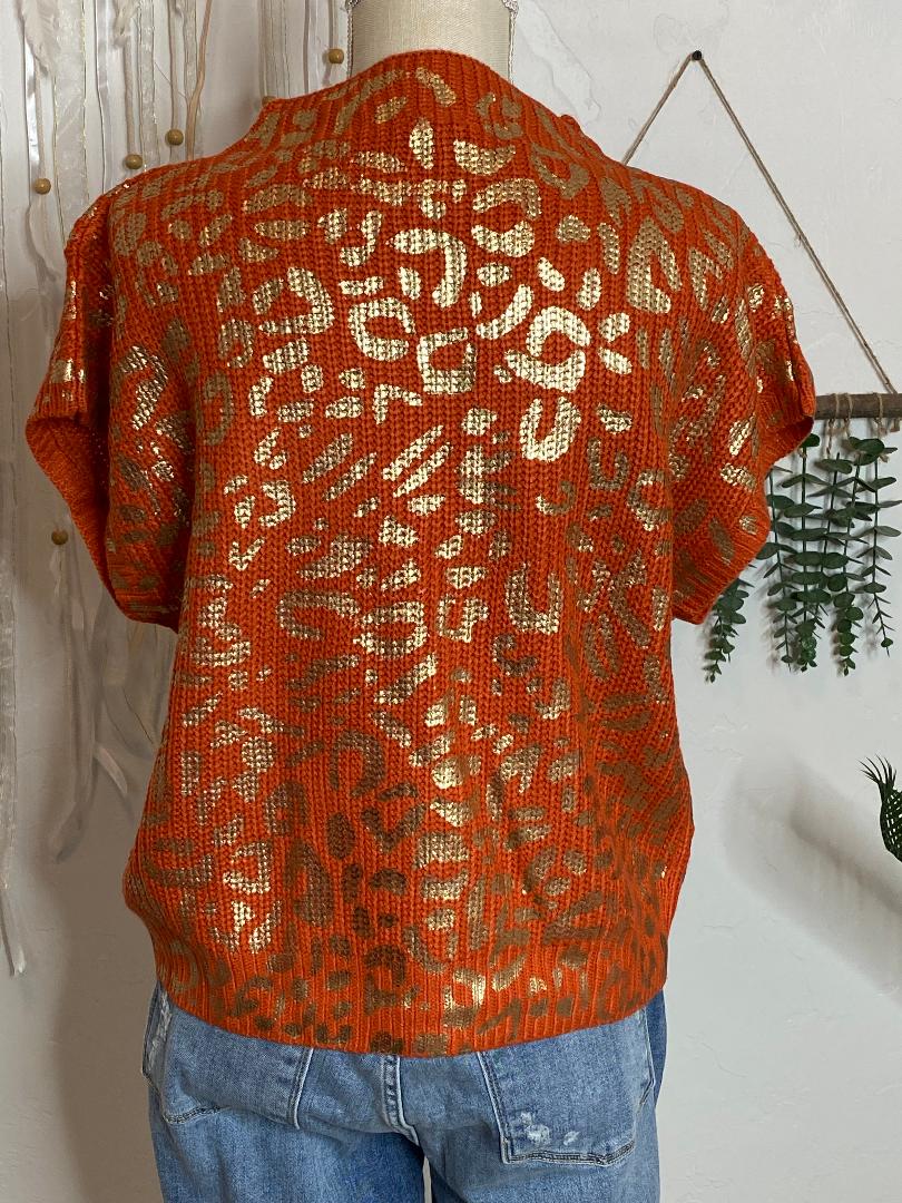 Orange and Gold Leopard Sweater with Pocket