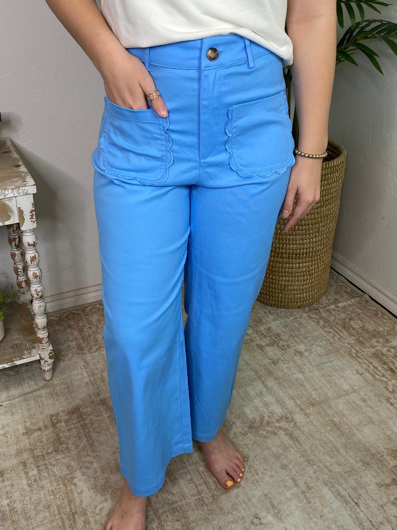 Pants with Scallop Pockets in Navy, Blue & White