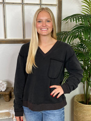 Cream, Magenta or Black V-Neck Pullover with Pocket