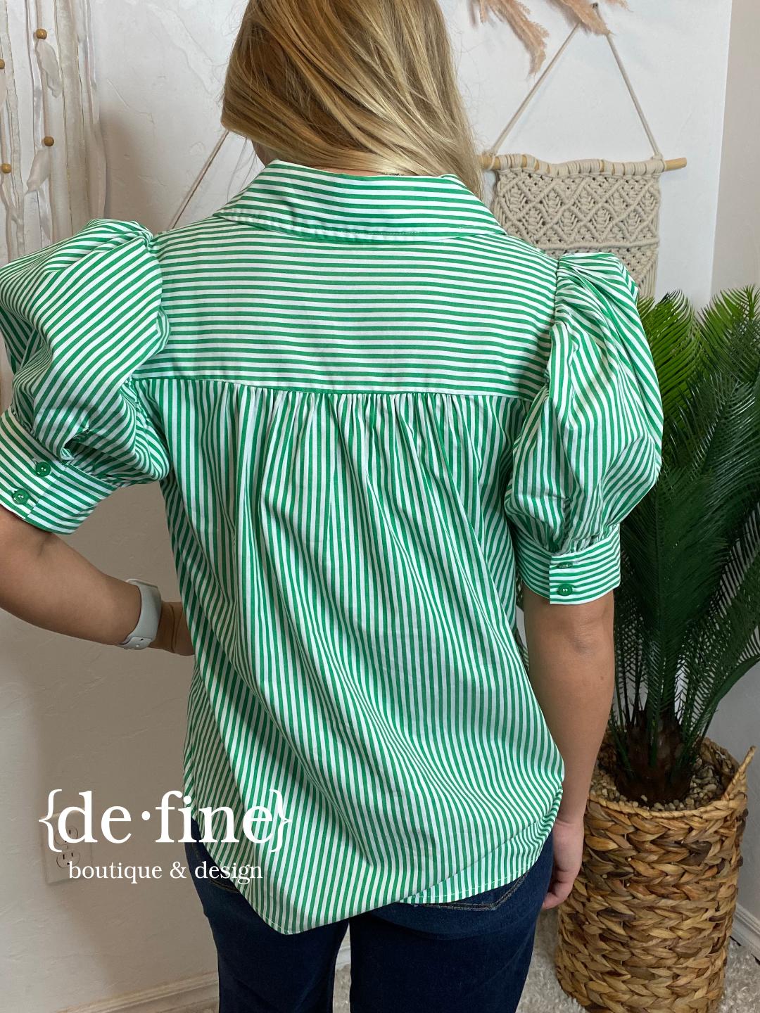 Green and White Striped Blouse with Balloon Sleeves