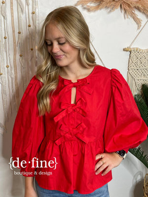 Bow Button Top in Red or Black S-XL