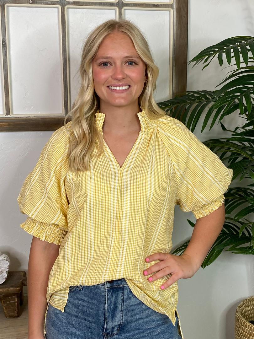 Yellow Gingham V-Neck Blouse