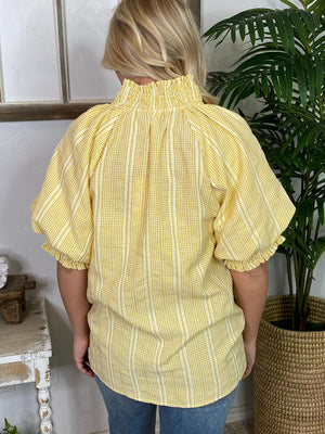 Yellow Gingham V-Neck Blouse