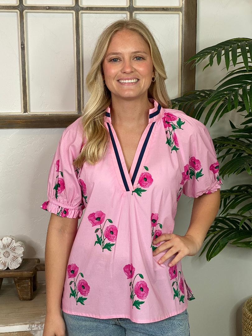 Pink Floral V-Neck Top with Navy Trim
