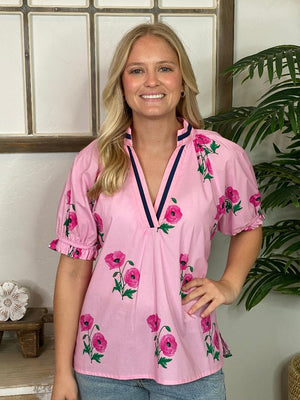 Pink Floral V-Neck Top with Navy Trim
