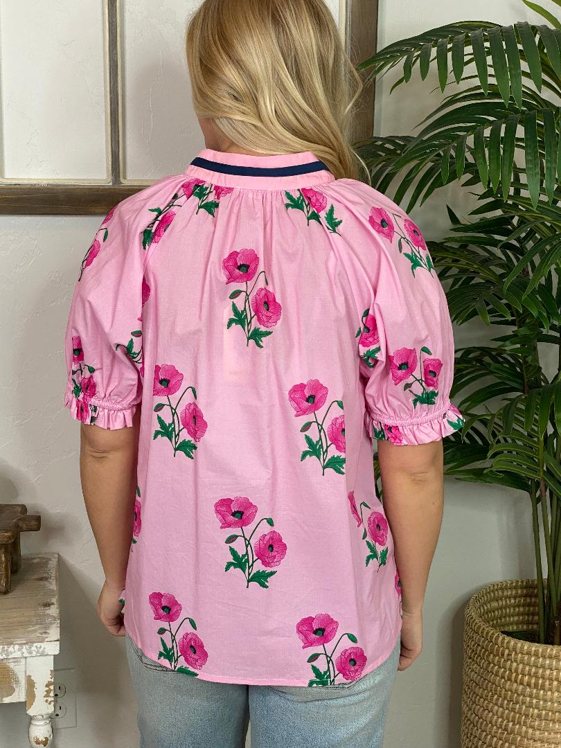 Pink Floral V-Neck Top with Navy Trim