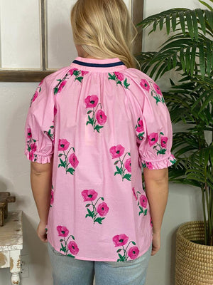 Pink Floral V-Neck Top with Navy Trim