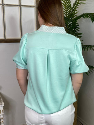 Mint V-Neck Blouse with Striped Trim
