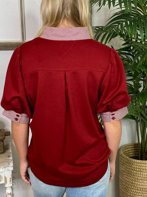 Burgundy Blouse with Striped Trim