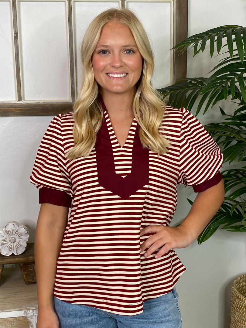 Striped Burgundy Blouse with Solid Trim