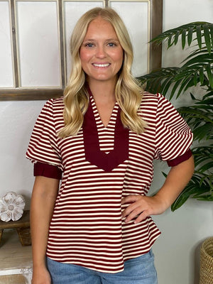 Striped Burgundy Blouse with Solid Trim