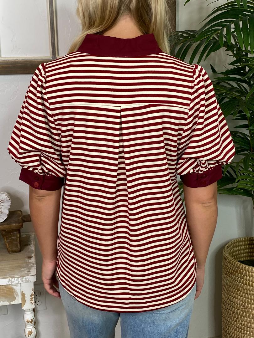 Striped Burgundy Blouse with Solid Trim