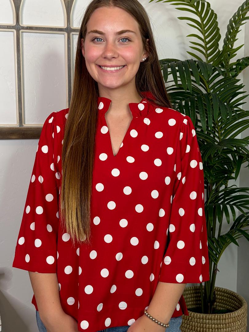 Red and White Polka Dot V-Neck Blouse