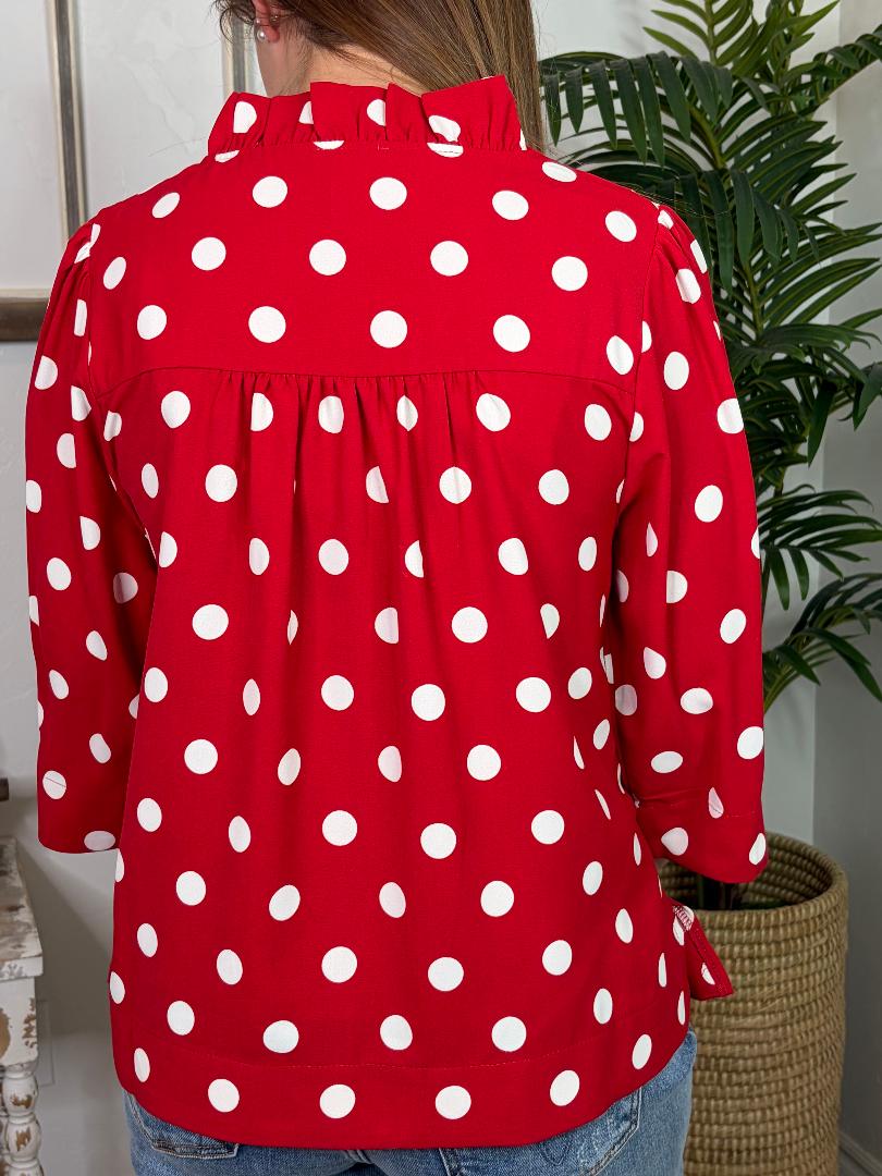 Red and White Polka Dot V-Neck Blouse