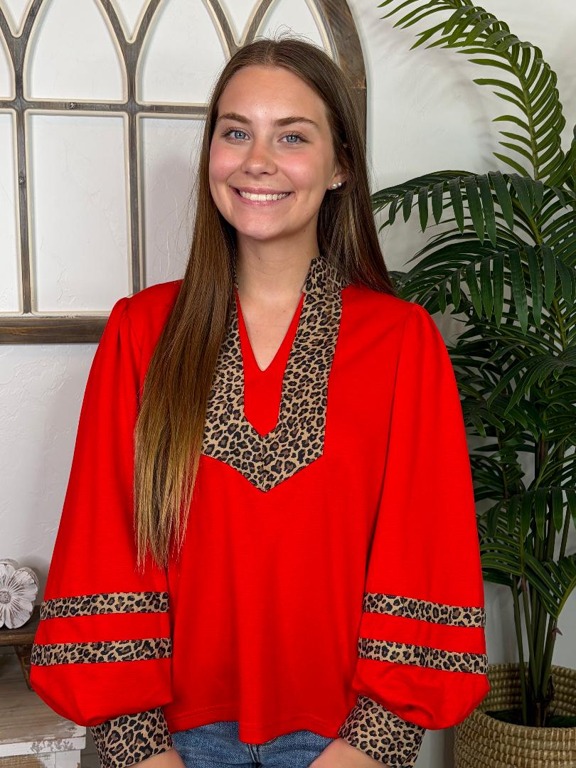 Red V-Neck with Leopard Trim