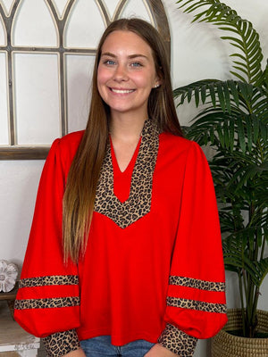 Red V-Neck with Leopard Trim