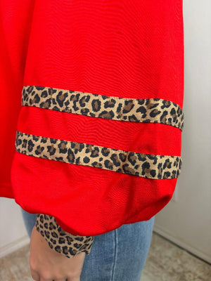 Red V-Neck with Leopard Trim