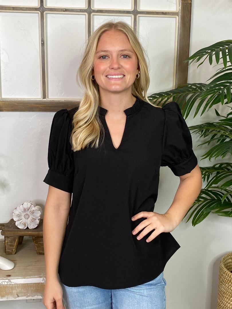Black with Ruffle Accents V-Neck Blouse