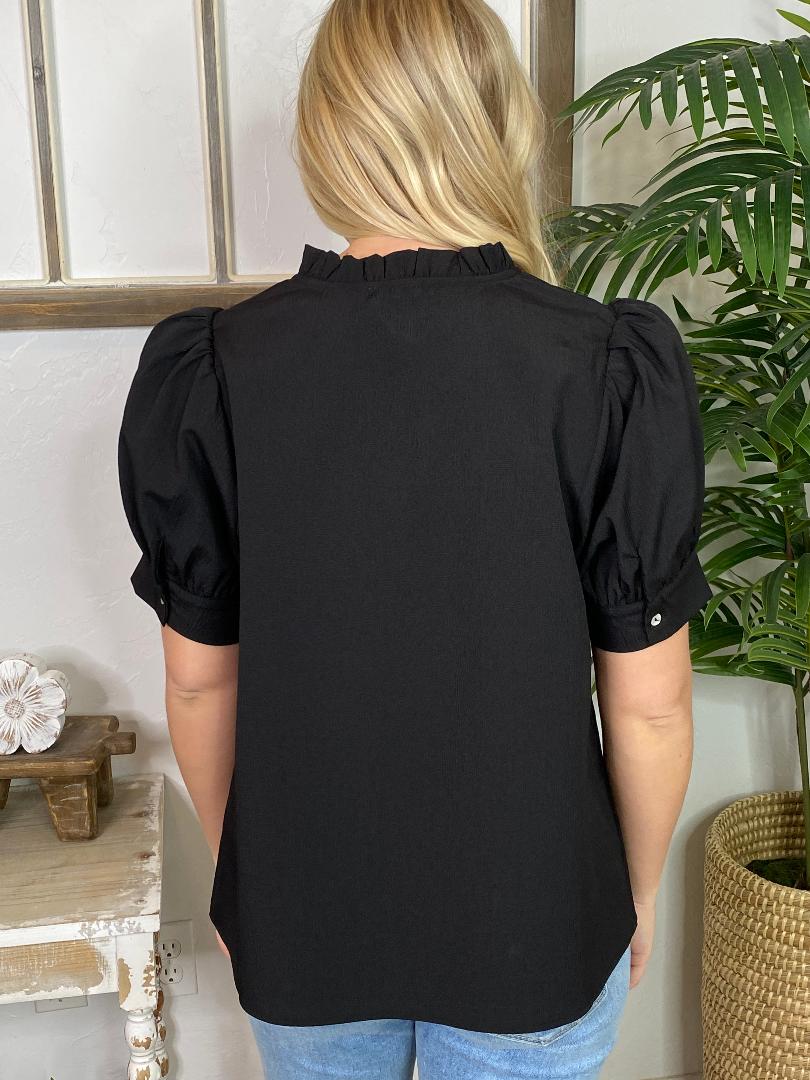 Black with Ruffle Accents V-Neck Blouse