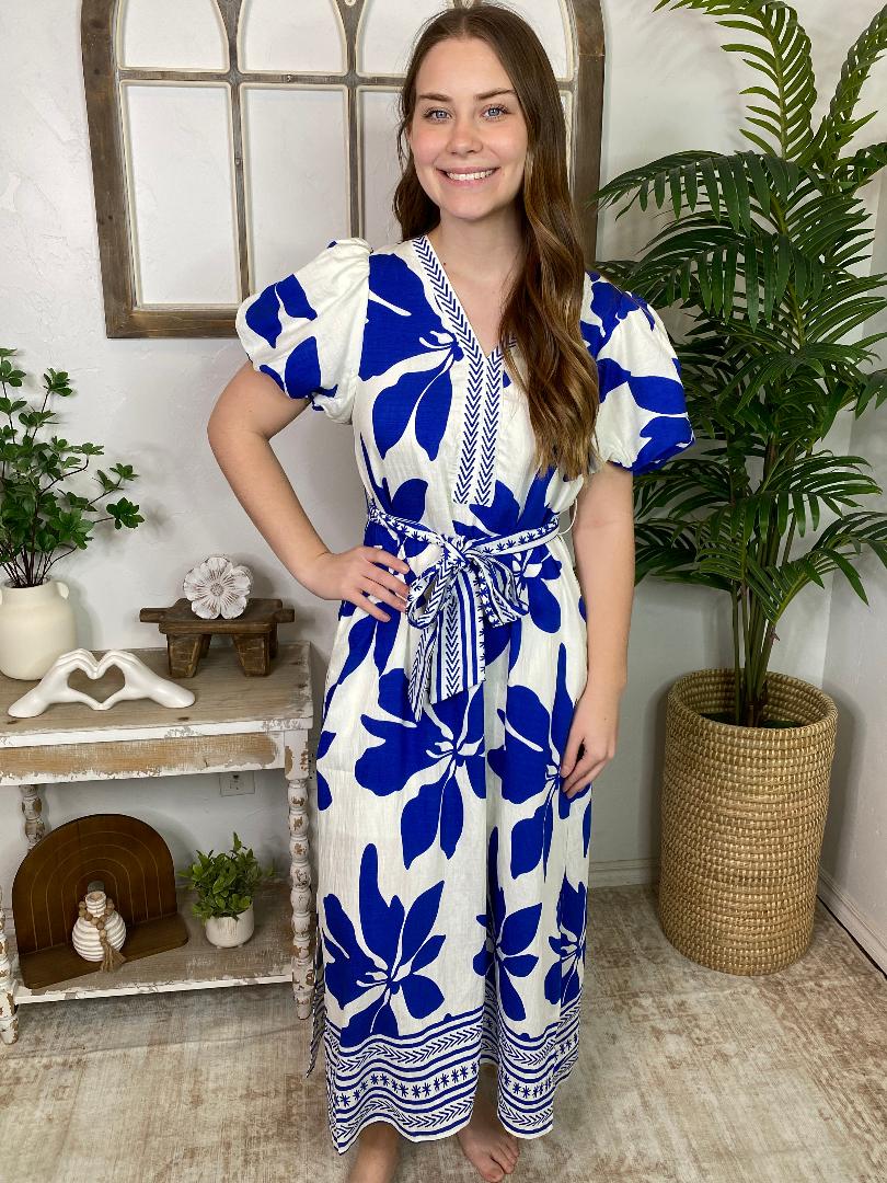 Royal Blue and White Floral Maxi Dress