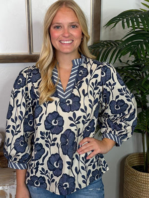 Navy and Beige Floral V-Neck Blouse with Lace Detail