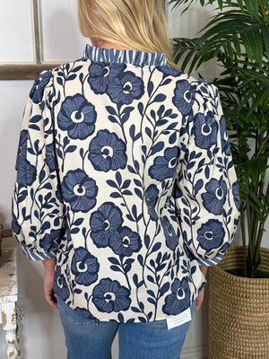 Navy and Beige Floral V-Neck Blouse with Lace Detail