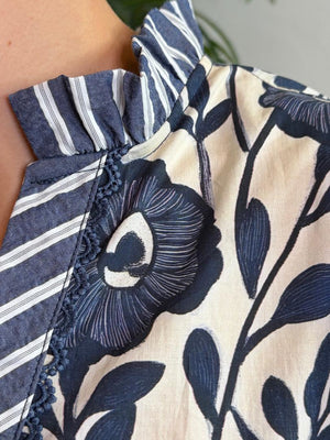 Navy and Beige Floral V-Neck Blouse with Lace Detail