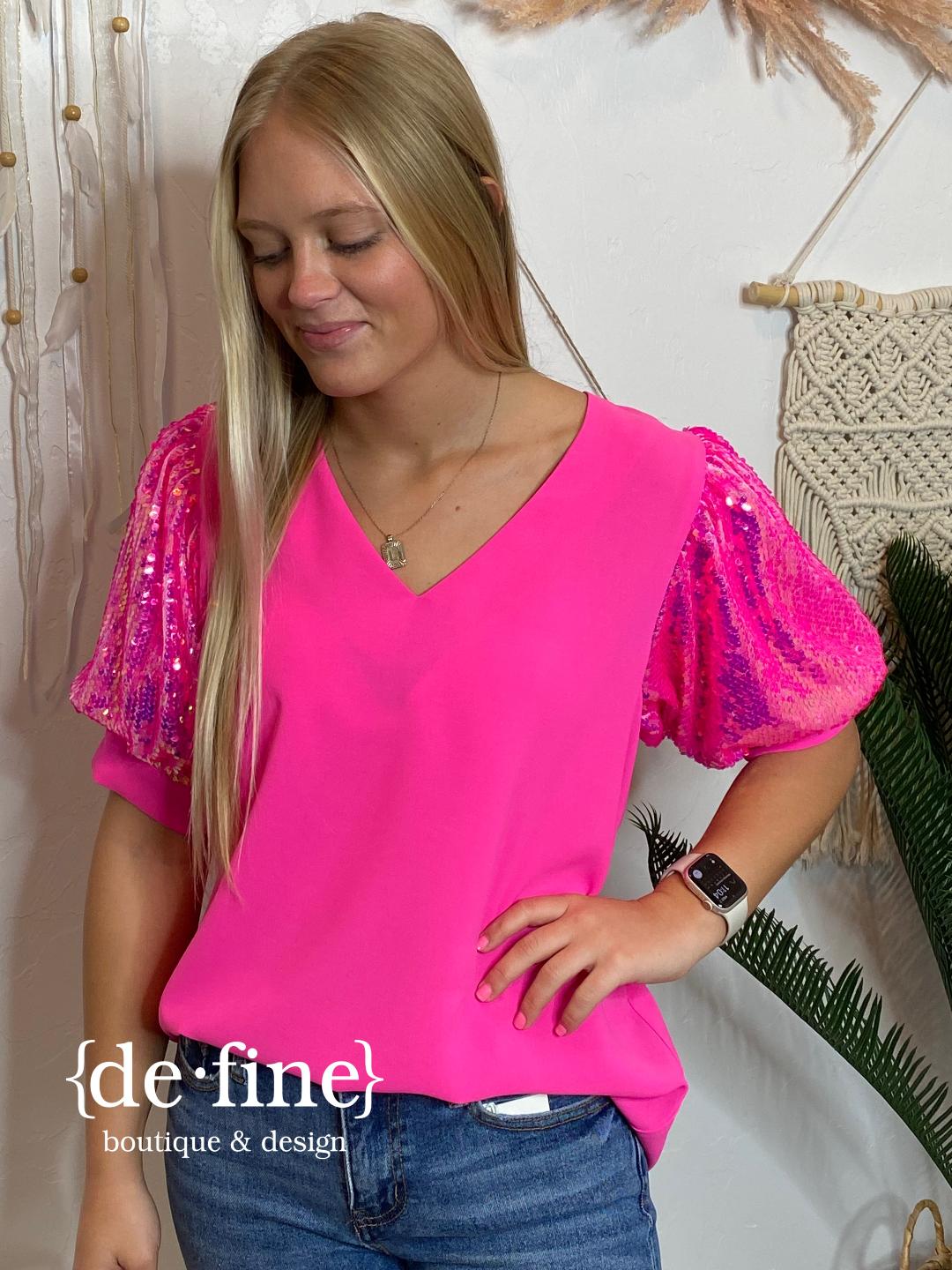 V-Neck Hot Pink Top with Fabulous Sequin Sleeves