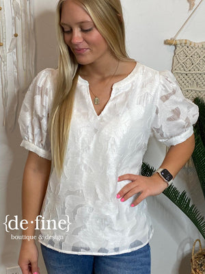 White Floral Lace Top with Bubble Sleeves