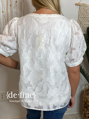 White Floral Lace Top with Bubble Sleeves