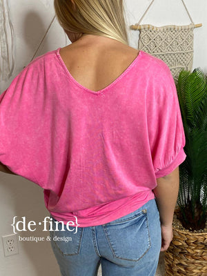 Hot Pink V-Neck Front and Back Mineral Washed Tee
