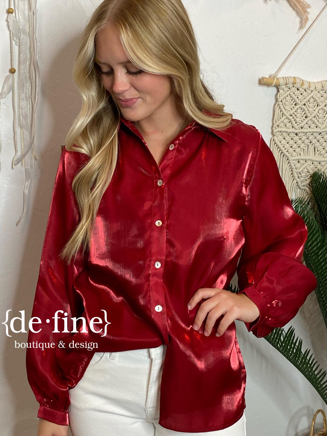 Holiday Vibes Burgundy Satin Button Up Top